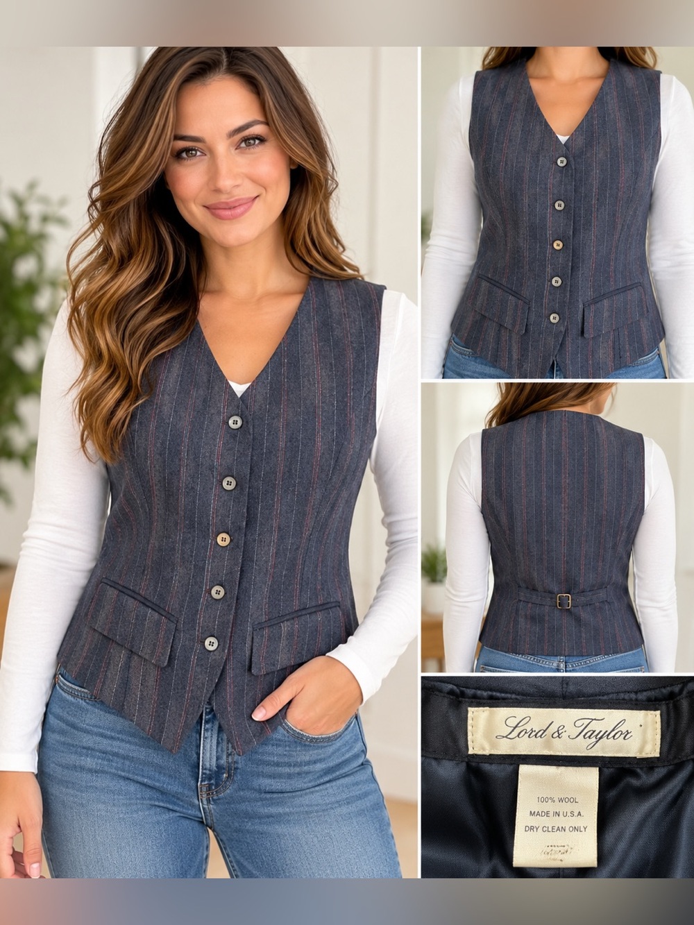 Lord & Taylor 100% Wool Women’s Navy Pinstripe Tailored Vest Red Stripes Sz 8
